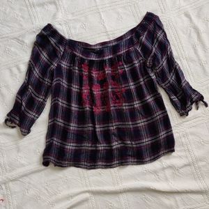 Plaid flowy off the shoulder top